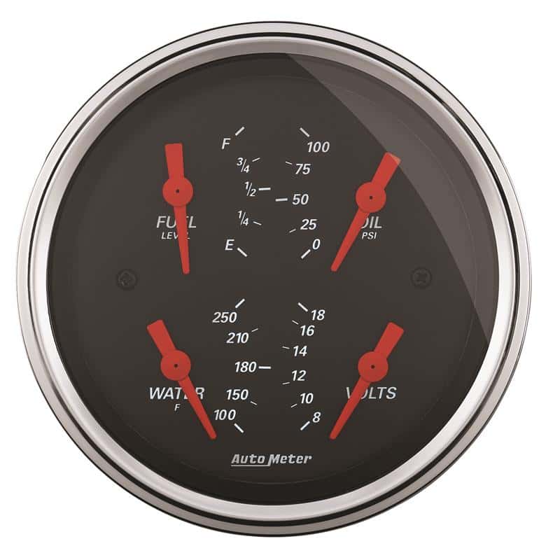 AutoMeter — Autometer Designer Black 3.375in Quad Gauge - Fuel Level / Oil Pressure / Water Temp. / Voltmeter
GA 3.4" QUAD 0-90 DB - view 2