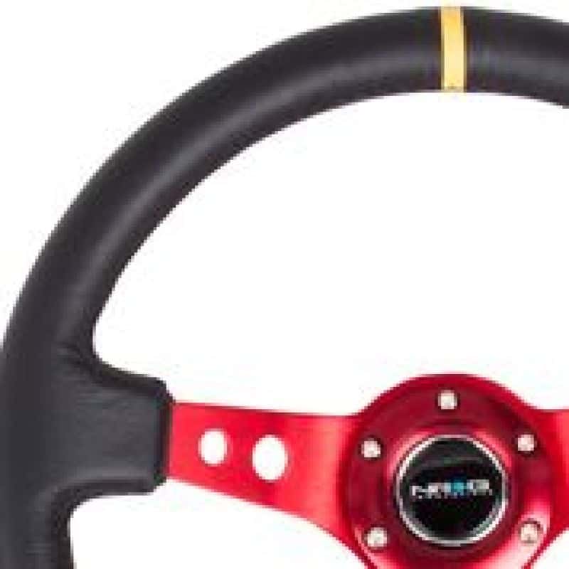 NRG — NRG Reinforced Steering Wheel (350mm / 3in. Deep) Blk Leather w/Red Spokes & Sgl Yellow Center Mark - view 1