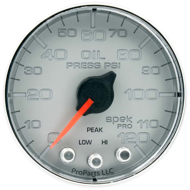 AutoMeter — Autometer Spek-Pro Gauge Oil Press 2 1/16in 120psi Stepper Motor W/Peak & Warn Slvr/Chrm
GA 2" OILP SFC SPEK - view 1