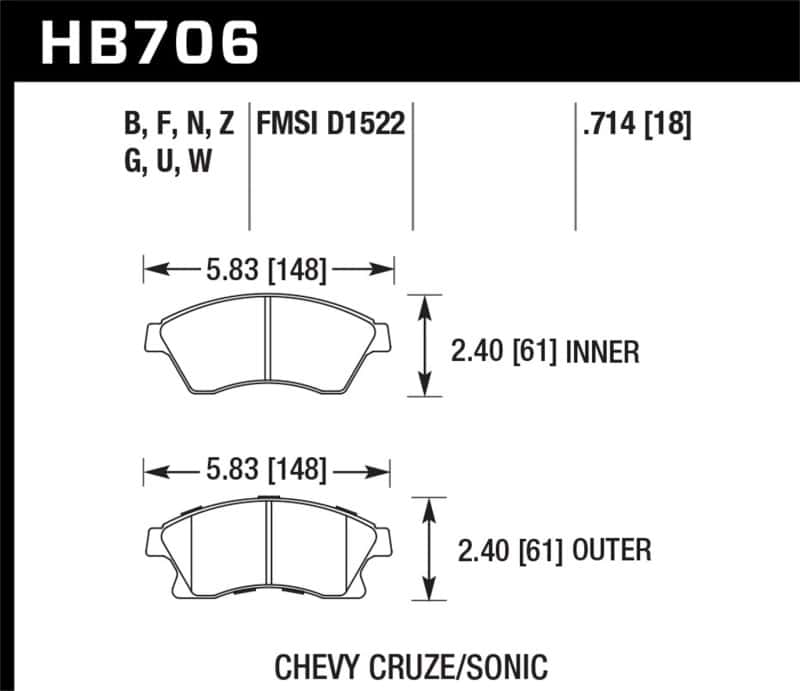 Hawk Performance — Hawk 11-12 Chevy Cruze Eco/LS/1LT/2LT/LTZ / 12 Sonic LS/LT/LTZ DTC-60 Front Race Brake Pads
Disc Brake Pad - view 3