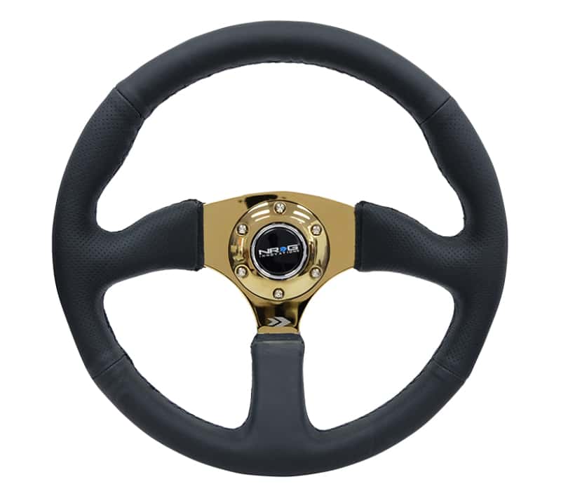 NRG — NRG Reinforced Steering Wheel (350mm / 2.5in. Deep) Leather Race Comfort Grip w/4mm Gold Spokes - view 1