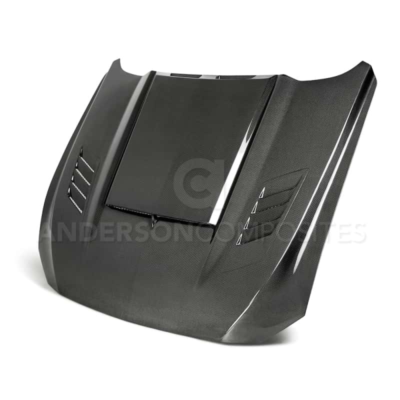 Anderson Composites — Anderson Composites 2018-2019 Ford Mustang Ram Air Double Sided Carbon Fiber Hood - view 1