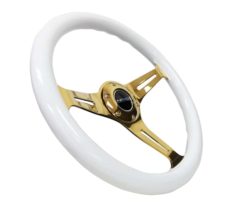 NRG — NRG Classic Wood Grain Steering Wheel (350mm) White Grip w/Chrome Gold 3-Spoke Center - view 2