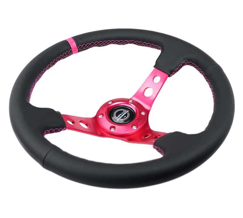 NRG — NRG Reinforced Steering Wheel (350mm/3in. Deep) Black Leather/ Fushia Center Mark/ Fushia Stitching - view 3