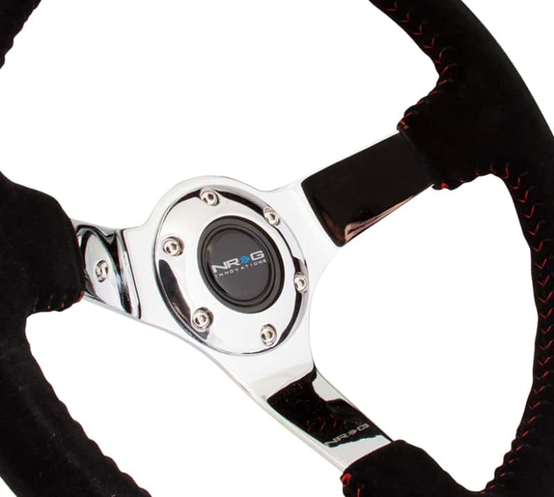 NRG — NRG Reinforced Steering Wheel (350mm / 3in. Deep) Blk Suede w/Red BBall Stitch & Chrome 3-Spoke - view 3