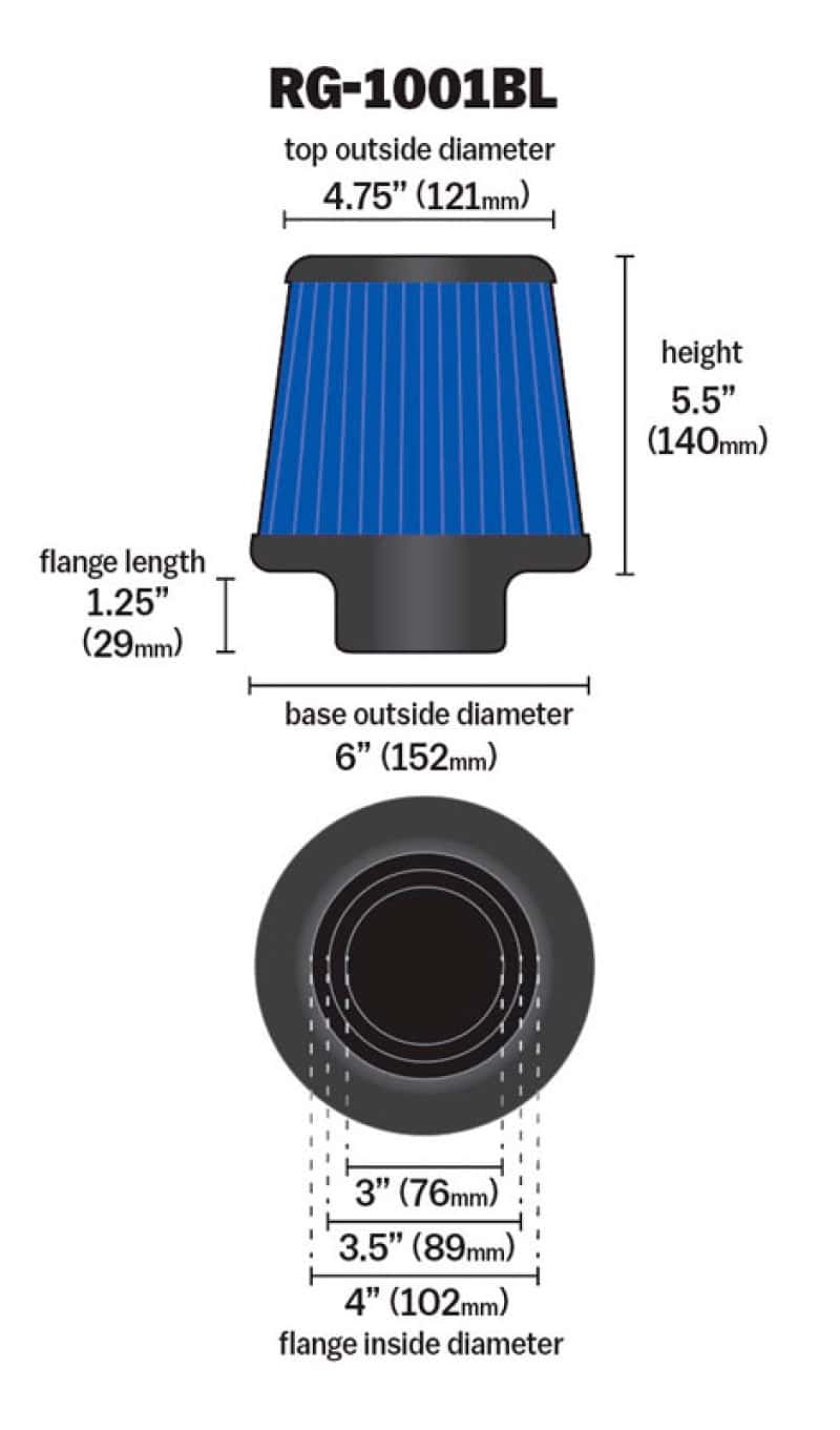 K&N Engineering — K&N Universal Air Filter Chrome Round Tapered Blue - 4in Flange ID x 1.125in Flange Length x 5.5in H
Universal Clamp-On A
Clamp-on Air Filter - view 10