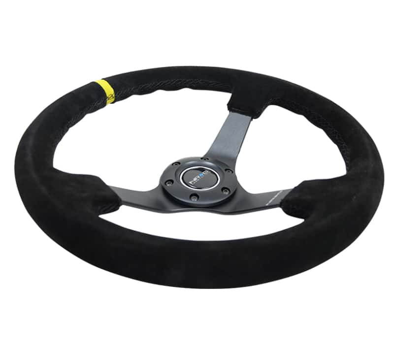 NRG — NRG Reinforced Steering Wheel (350mm / 3in. Deep) Blk Suede/X-Stitch w/5mm Blk Spoke & Yellow CM - view 5