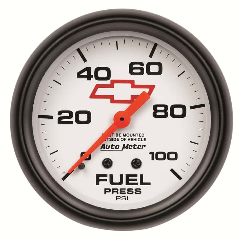 AutoMeter — AutoMeter Gauge Fuel Press 2-5/8in. 100PSI Mechanical Chevy Red Bowtie White
2-5/8" FUEL PRESS, 0 - view 1