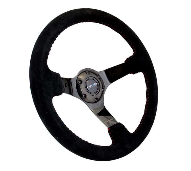 NRG — NRG Reinforced Steering Wheel (350mm / 3in. Deep) Blk Suede w/Red BBall Stitch & Black 3-Spoke - view 2