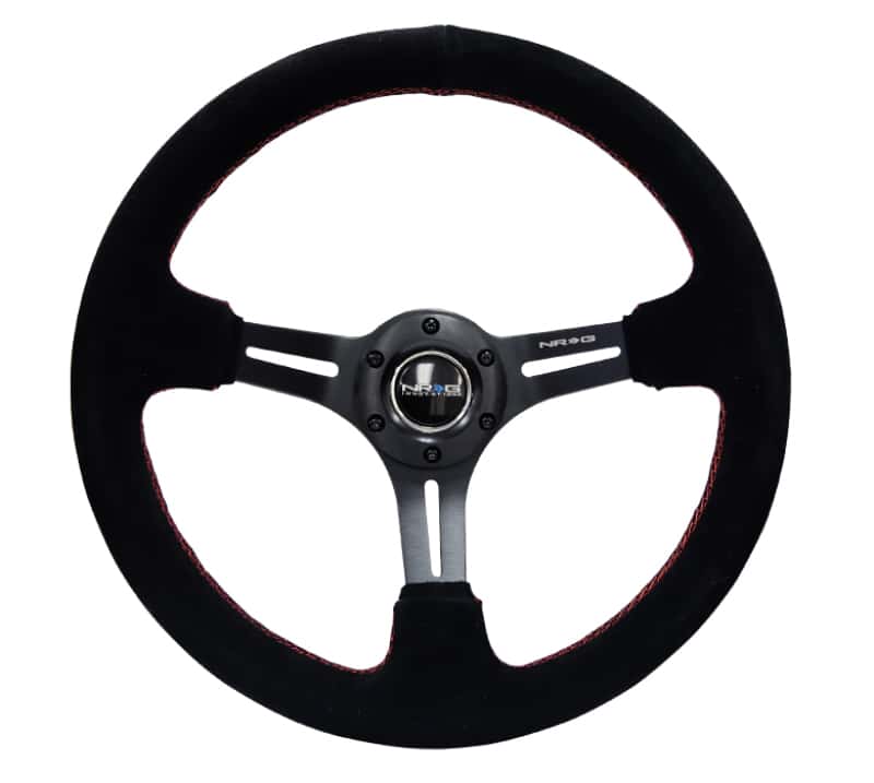 NRG — NRG Reinforced Steering Wheel (350mm / 3in. Deep) Blk Suede w/Red Stitching & 5mm Spokes w/Slits - view 1