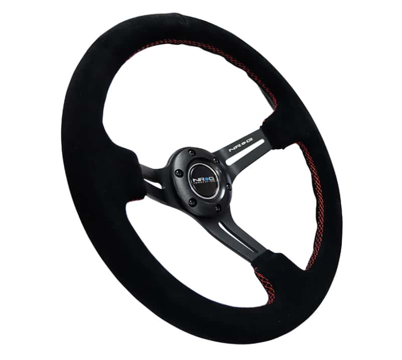 NRG — NRG Reinforced Steering Wheel (350mm / 3in. Deep) Blk Suede w/Red Stitching & 5mm Spokes w/Slits - view 2