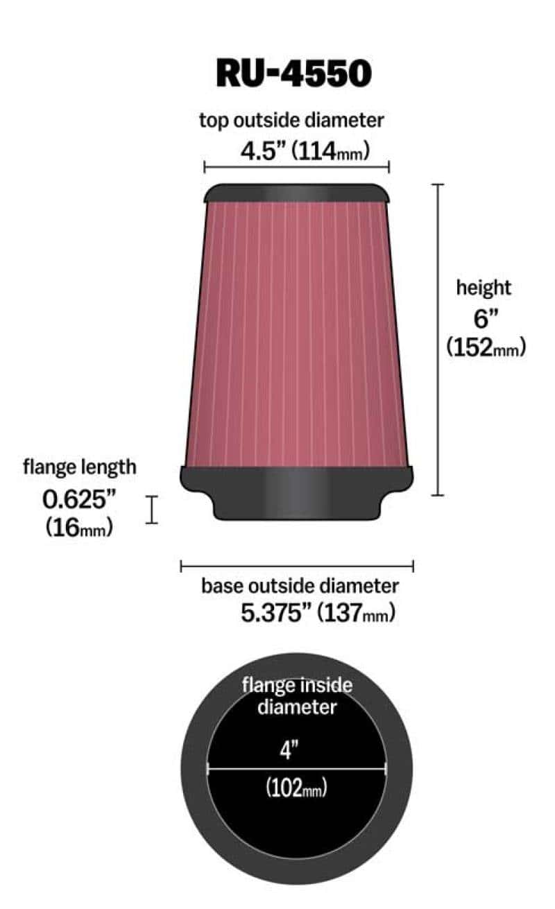 K&N Engineering — K&N Universal Air Filter 4in Flange / 5-3/8in Base / 4-1/2in Top / 6in Height
Universal Clamp-On A
Clamp-on Air Filter - view 3
