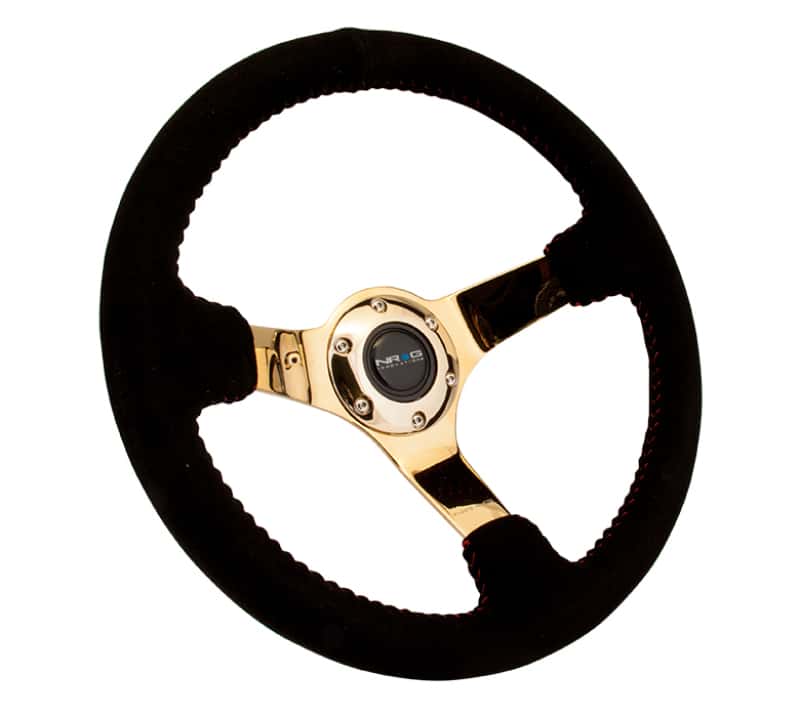 NRG — NRG Reinforced Steering Wheel (350mm / 3in. Deep) Blk Suede w/Red BBall Stitch & Chrome Gold 3-Spoke - view 2