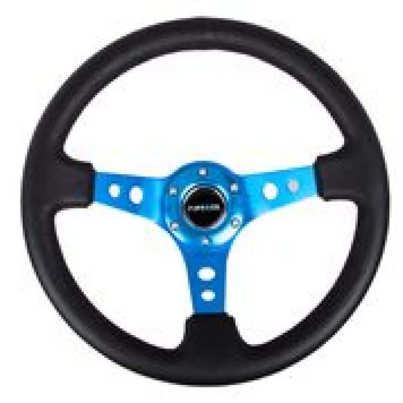 NRG — NRG Reinforced Steering Wheel (350mm / 3in. Deep) Blk Leather w/Blue Circle Cutout Spokes - view 2