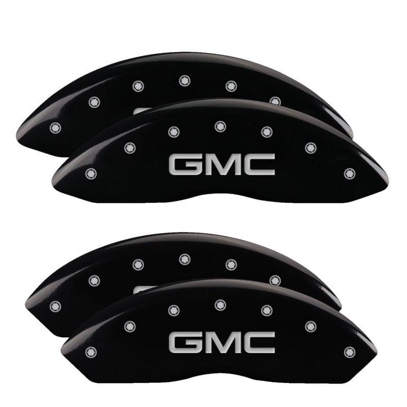 MGP — Set of 4 caliper covers, Engraved Front and Rear: GMC, Black powder coat finish,