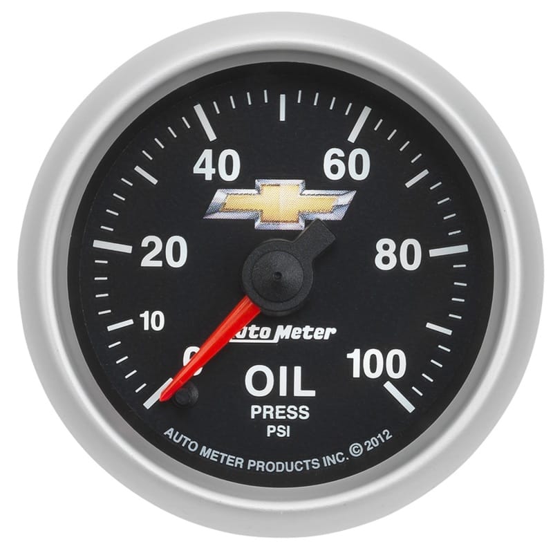 AutoMeter — GAUGE, OIL PRESS, 2 1/16", 100PSI, DIGITAL STEPPER MOTOR, CHEVY GOLD BOWTIE