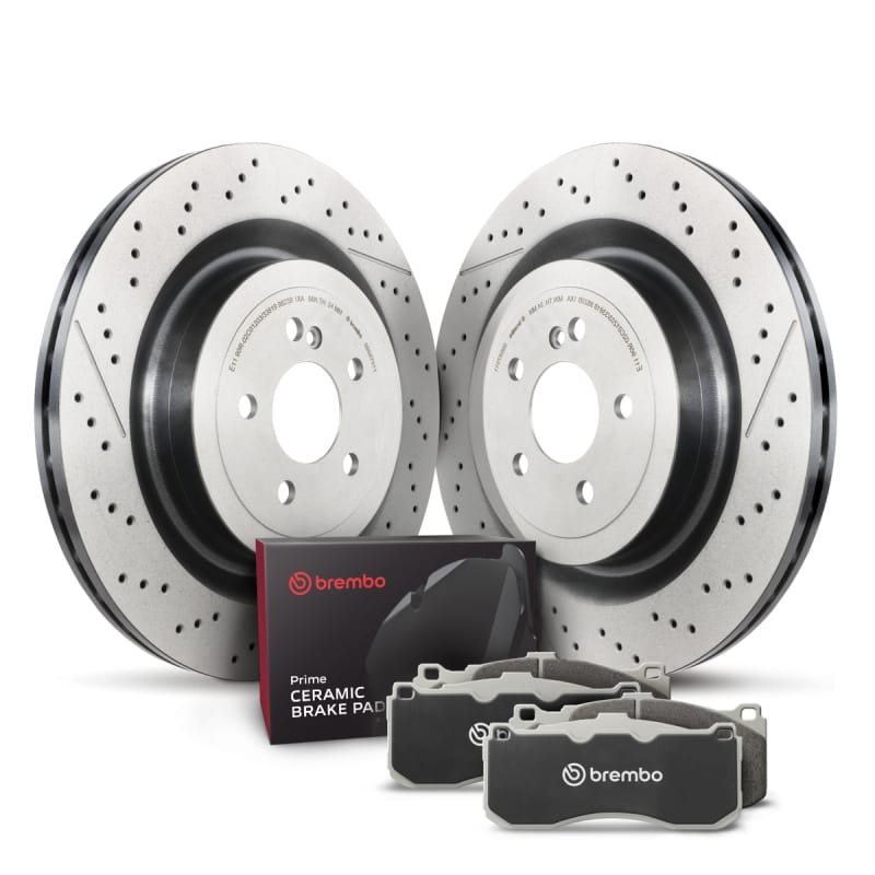 Brembo OE — Brembo ceramic brake pad and UV coated PVT drilled and slotted brake disc kit