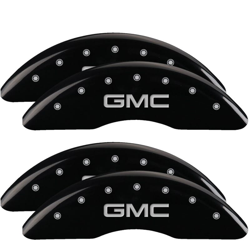 MGP — Set of 4 caliper covers, Engraved Front and Rear: GMC, Black powder coat finish,