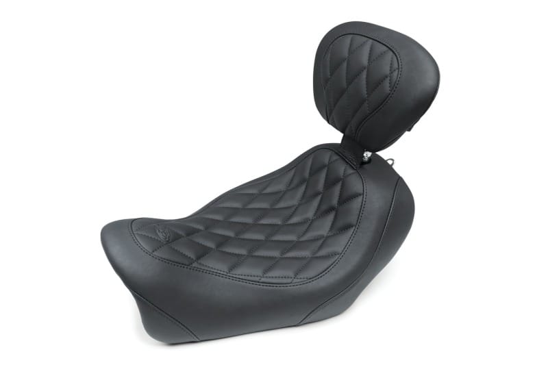 Mustang Motorcycle — Mustang 14-17 Harley Fat Bob Wide Tripper Solo Seat w/Driver Backrest Diamond Stitch - Black