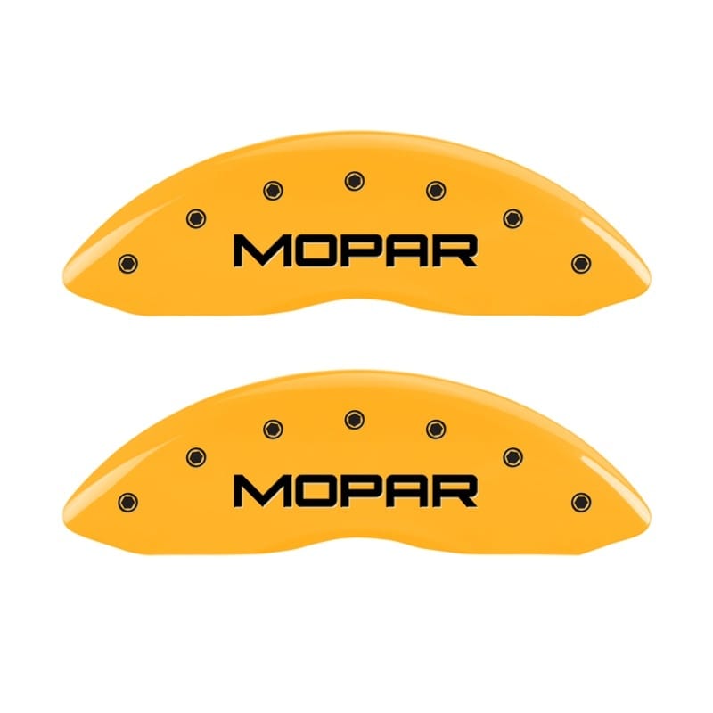 MGP — Set Of 2 Caliper Covers, Engraved Rear: MOPAR Yellow Powder Coat Finish, Silver 