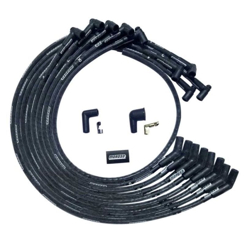 Moroso — Moroso SBC Under Header 135 Deg Plug End HEI Sleeved Ultra Spark Plug Wire Set - Black