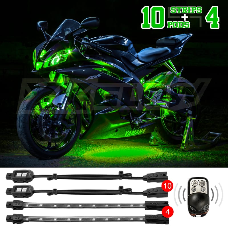 XKGLOW — XK Glow Strips Single Color XKGLOW LED Accent Light Motorcycle Kit Green - 10xPod + 4x8In