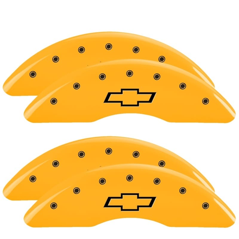 MGP — Set of 4 caliper covers, Engraved Front and Rear: Bowtie, Yellow powder coat fin