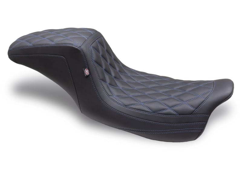 Mustang Motorcycle — Mustang 08-24 HD FL Touring Double Diamond Squareback 1PC Seat - Black w/ Blue Stitching