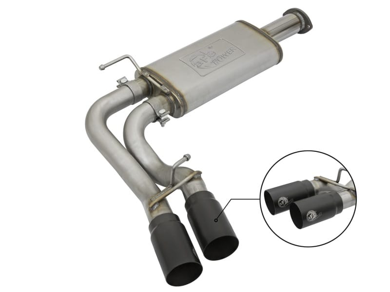 aFe — Rebel Series 3 IN Cat-Back Exhaust System w/ Dual Mid-Side Exit Black Tips