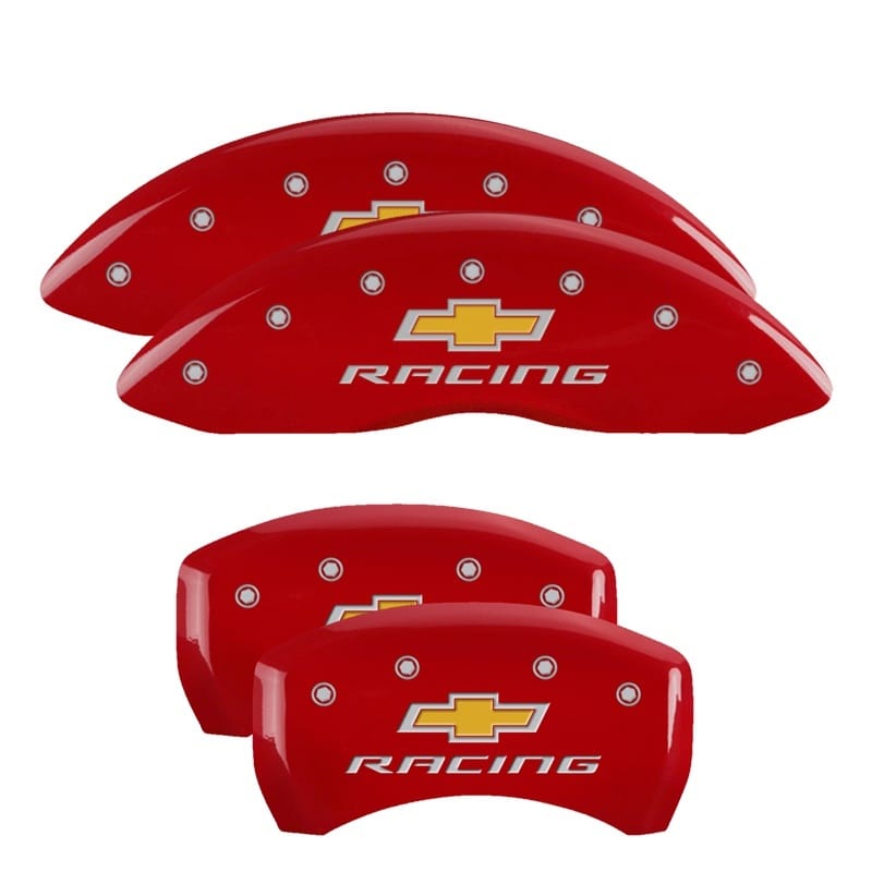 MGP — Set of 4 caliper covers, Engraved Front and Rear: Chevy racing, Red powder coat 