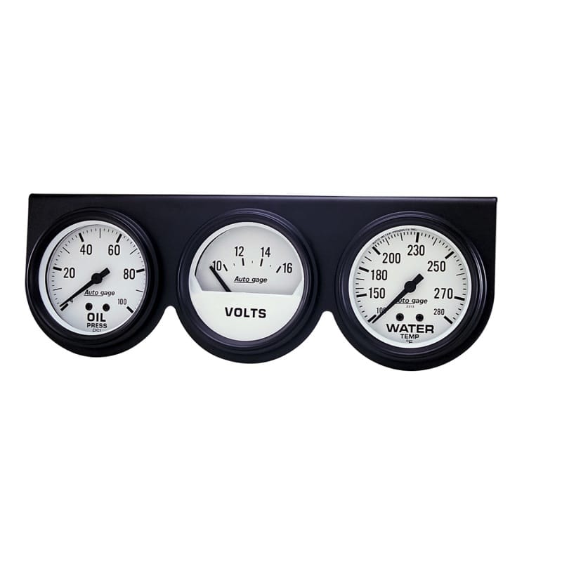 AutoMeter — GAUGE CONSOLE, OILP/WTMP/VOLT, 2 5/8", 100PSI/280?F/16V, WHT DIAL, BLK BZL, AG