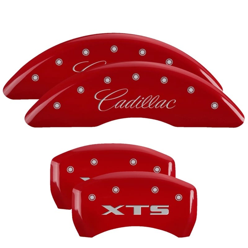 MGP — Set of 4 caliper covers, Engraved Front: Cadillac - Engraved Rear: XTS, Red powd