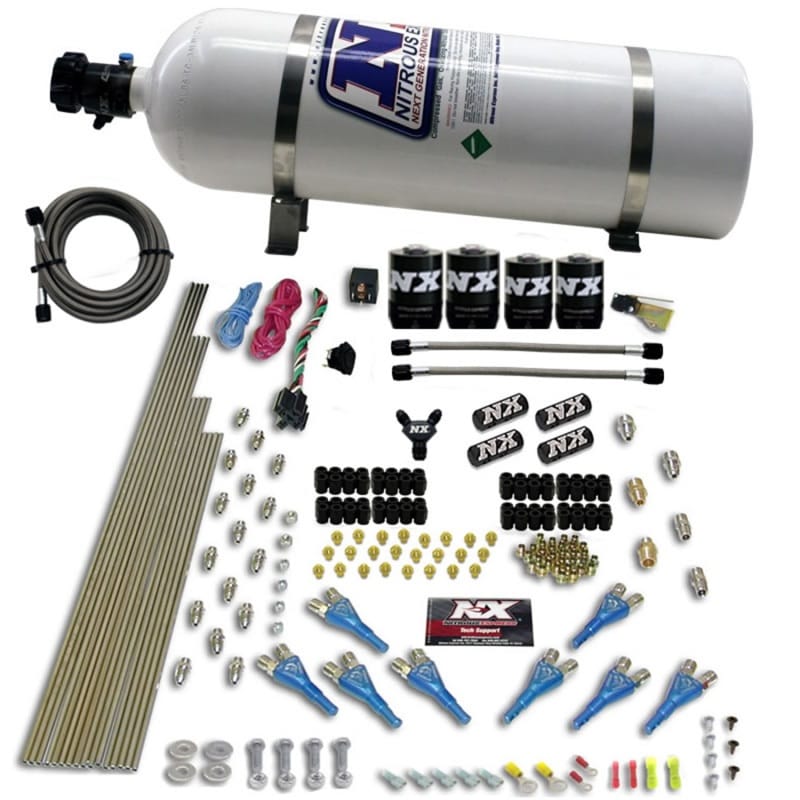 Nitrous Express — 8 CYL SHARK DIRECT PORT, 4 SOLENOIDS, WITH 15LB BOTTLE (200-600HP JETTING)
Nitrous Oxide Injection System Kit