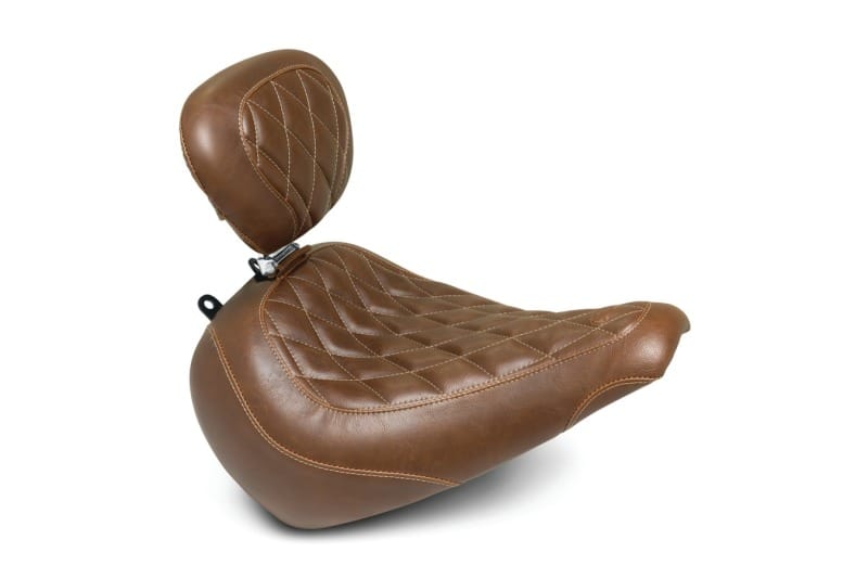 Mustang Motorcycle — Mustang 18-21 Harley Fat Boy Wide Tripper Solo Seat w/Driver Backrest Diamond Stitch - Brown