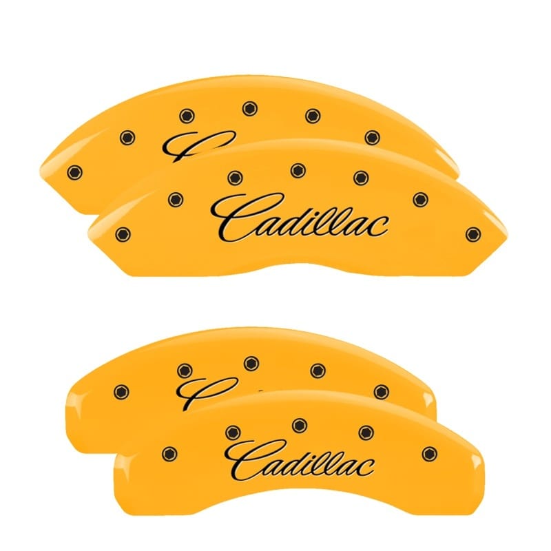 MGP — Set of 4 caliper covers, Engraved Front and Rear: Cursive/Cadillac, Yellow powde
