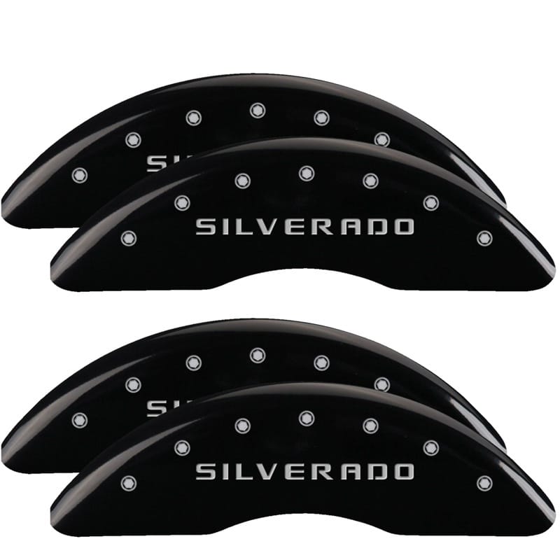 MGP — Set of 4 caliper covers, Engraved Front and Rear: Silverado, Black powder coat f