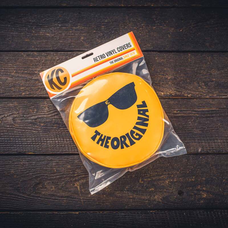 KC HiLiTES — KC HiLiTES Retro 8in Round Yellow Vinyl Light Cover w/ Black KC The Original Logo (Pair)