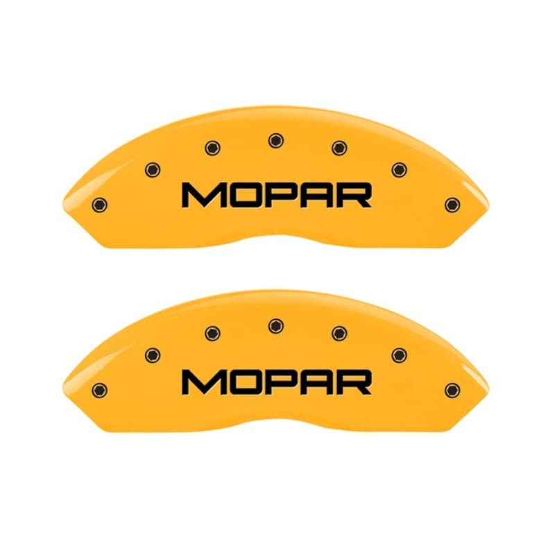 MGP — Set Of 2 Caliper Covers, Engraved Rear: MOPAR Yellow Powder Coat Finish, Silver 