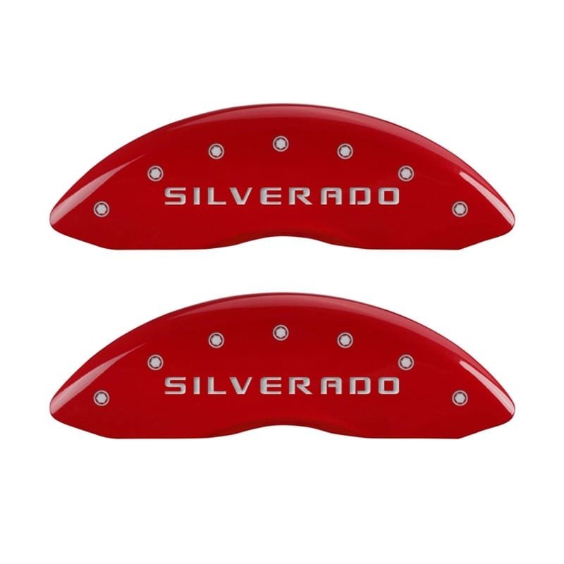 MGP — Set Of 2 Caliper Covers, Engraved Rear: Silverado Red Powder Coat Finish, Silver