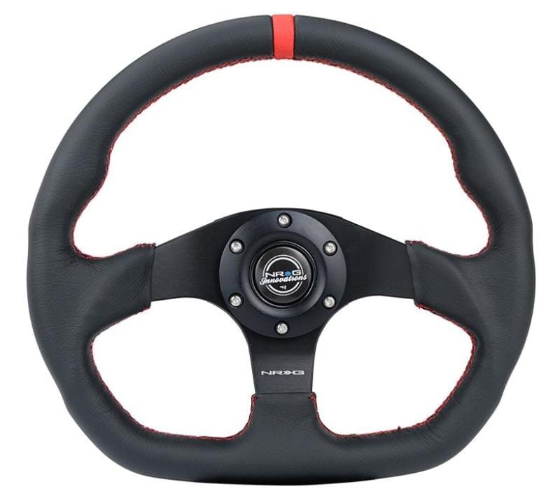NRG — NRG Reinforced Steering Wheel (320mm) Sport Leather Flat Bottom w/ Red Center Mark/ Red Stitching
