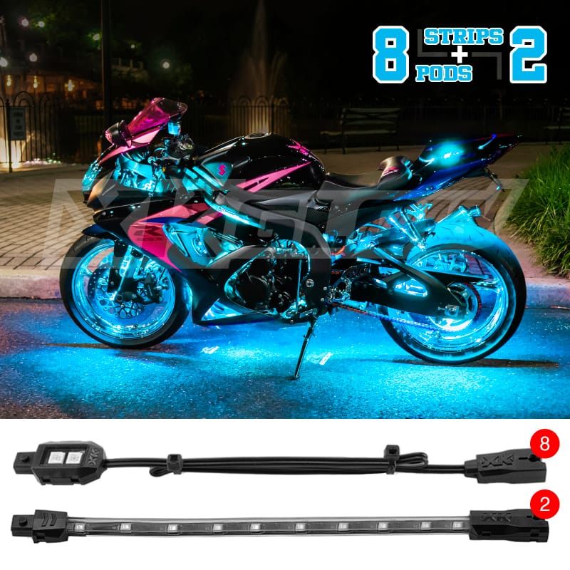 XKGLOW — XK Glow Strips Single Color XKGLOW LED Accent Light Motorcycle Kit Light Blue - 8xPod + 2x8In