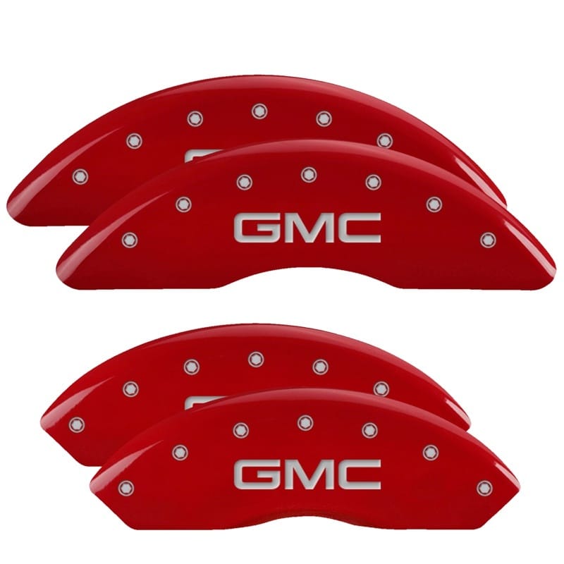 MGP — Set of 4 caliper covers, Engraved Front and Rear: GMC, Red powder coat finish, s