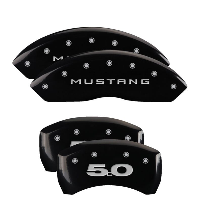 MGP — Set of 4 caliper covers, Engraved Front: Mustang - Engraved Rear: 5.0, Black pow