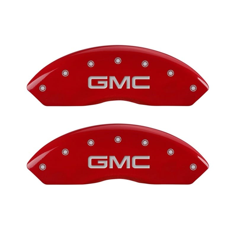 MGP — Set Of 2 Caliper Covers, Engraved Rear: GMC Red Powder Coat Finish, Silver Chara