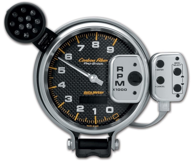 AutoMeter — GAUGE, TACH, 5", 9K RPM, PRO-STOCK PEDESTAL W/ SUPER LITE & PK MEM, CARBON FIBER