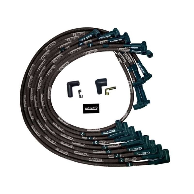 Moroso — Moroso SBC Under Header 90 Deg Plug End HEI Sleeved Ultra Spark Plug Wire Set - Black