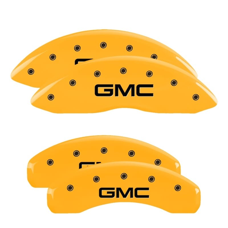 MGP — Set of 4 caliper covers, Engraved Front and Rear: GMC, Yellow powder coat finish
