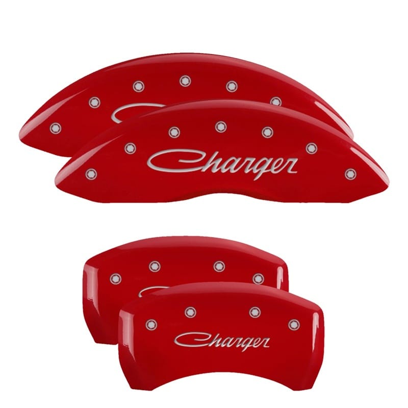 MGP — Set of 4 caliper covers, Engraved Front and Rear: Cursive/Charger, Red powder co