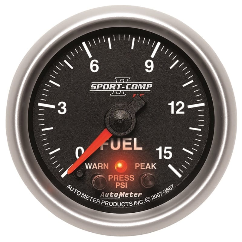 AutoMeter — GAUGE, FUEL PRESS, 2 1/16", 15PSI, DIGITAL STEPPER MTR W/PK & WRN, SPORT-COMP II