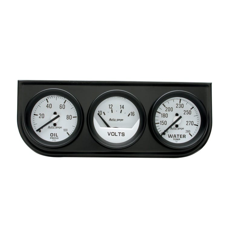 AutoMeter — GAUGE CONSOLE, OILP/WTMP/VOLT, 2", 100PSI/280?F/16V, WHT DIAL, BLK BZL, AG